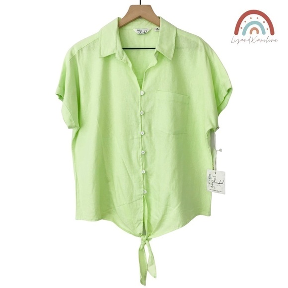New! Linen Button Down Lime Oversized Camp ShirtTop - Picture 1 of 11
